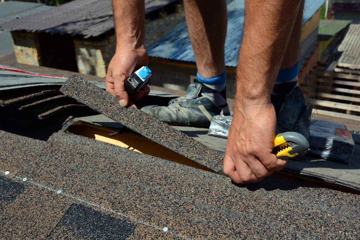 A worker's hands prying up asphalt shingles during a roof repair in progress.