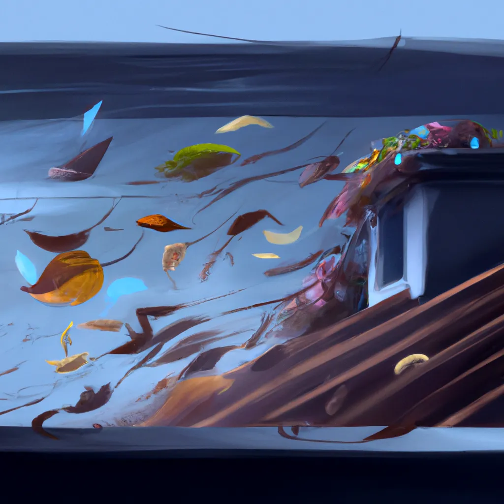 An AI-assisted digital image of heavy wind blowing leaves across a rooftop